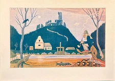 Vintage JOSEF LADA The Water Sprite Goblin Stone Color Lithograph Czech Unframed