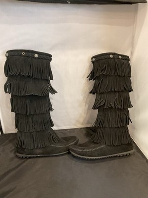 Minnetonka Black 5 Layer Fringe Tall Boots Boot Shoes 8 Suede Leather