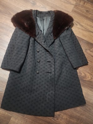 Vintage French Black Wool Coat w/ Genuine Fur Collar Women s L Made in France