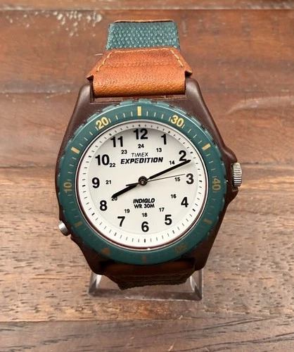 Vintage 1997 90s Timex Expedition Indiglo Teal Brown Leather Canvas NOS Mint