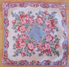 PRETTY VINTAGE HANKIE SPRING PINK TULIPS, DAISIES, BLUEBELLS  VERY GENTLY USED