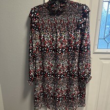 Free People Women's Blue Floral Ruffle Smocked Mock-Neck Shift Dress S