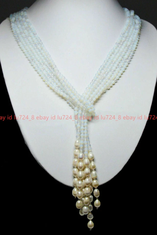 3 Strands Natural 4mm Gemstone Round Beads&7-8mm White Pearl Scarf Necklace 50'' - Image 2 of 4