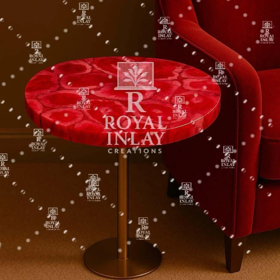 12” Red Agate Round Side Table | Luxury Handmade Gemstone Accent Table - Image 2 of 4