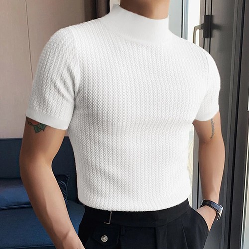 New Summer Fashion Tight T-shirt Casual Streetwear Textured High-neck Solid - Picture 7 of 28