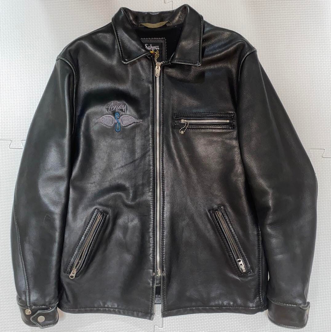 Schott STUSSY Cowhide Leather Jacket Blouson Men Size L Logo