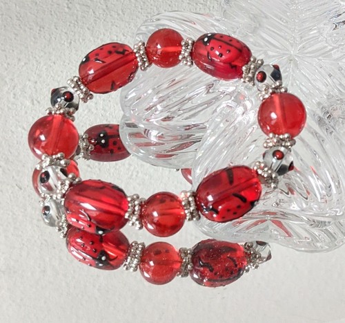 Ladybug Bracelet Spring Garden Red Bracelet for Women Beaded Stretch  - Picture 5 of 7