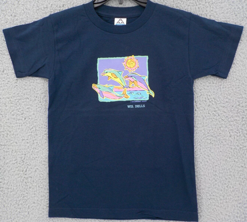 NAVY BLUE GRAPHIC T-SHIRT YOUTH SZ M (10/12) DOLPHINS OCEAN WISCONSIN DELLS NWOT