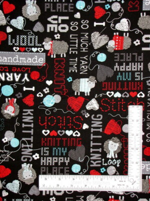 Sheep Knitting Words Fabric Half-Yard Ewe I Love Yarn Cotton by Kanvas Studio