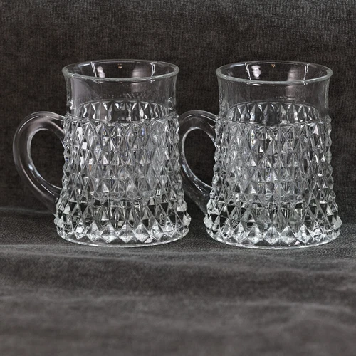 Lot of 2 - Vintage Indiana Glass Company Mugs - Diamond Point Clear - Heavy