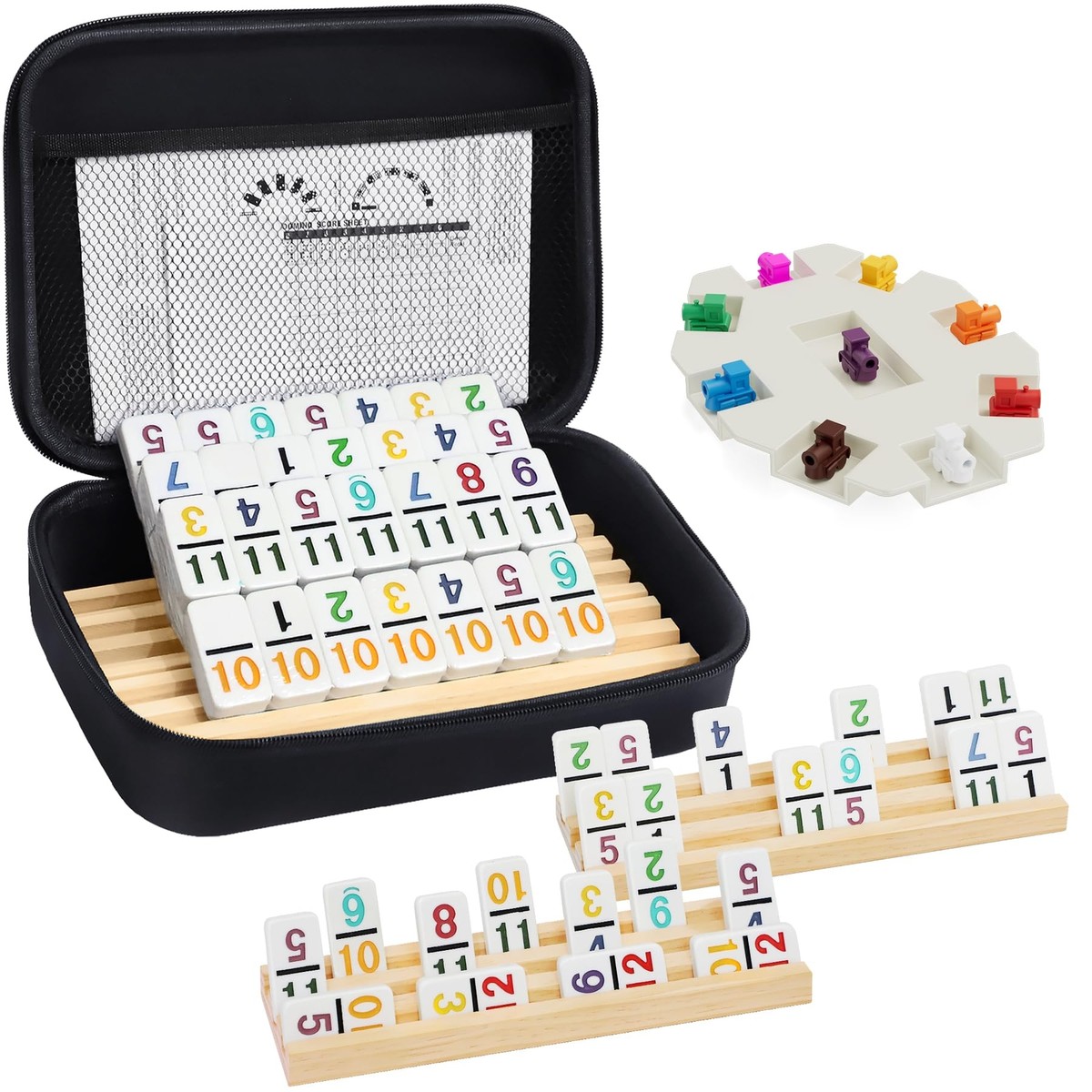Mexican Train Dominoes Set with Numbers and 4 Wooden Trays/Racks
