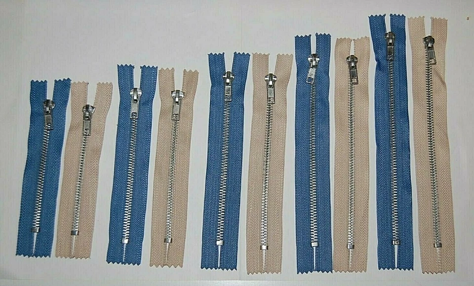 MARKENLOS Reißverschluß Reisverschlüsse Zipper METALL 12 cm -20 cm jeansblau oder beige