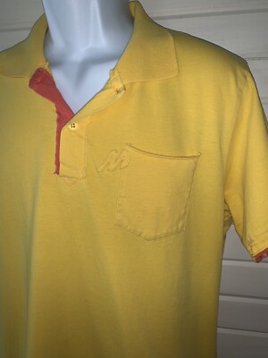 MAVI Sz MEDIUM S/S Yellow Knit Polo Shirt Orange Trim Raw Edges Logo *VGUC