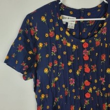 Vintage Floral Midi Dress Womens 12 Shoulder Pads Rosetts Tie Waist Pleated