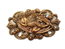 Vintage Art Nouveau Repousse Angel Lady Flowers Brass Tone Brooch