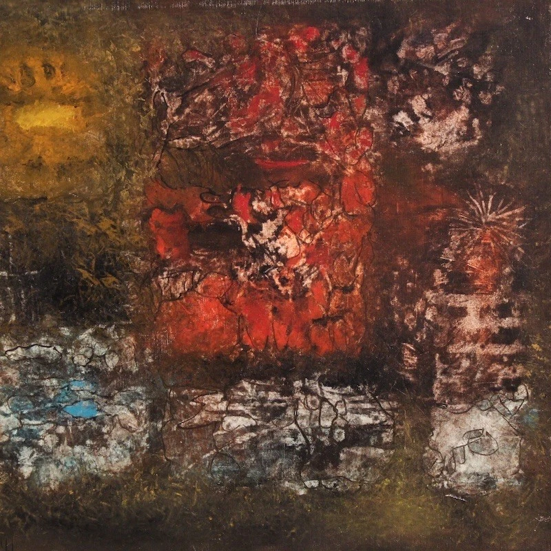 Pintura abstracta estadounidense óleo lienzo cuadro firmado J. Wolff siglo XX.