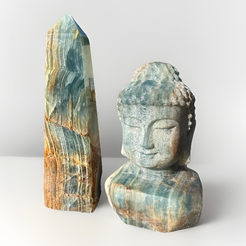Argentinian Blue Calcite Buddha Statue Hand Carved Gemstone + Tower