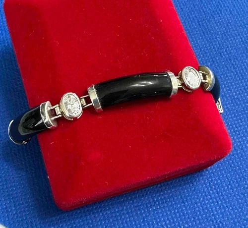 Signed Ken Craft Sterling Silver w Jet Segments & Oval Crystals Bracelet