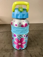 Cool Gear Graphix Kids Water Bottle w/ Straw Pink Blue Flowers Aluminum