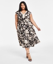 Tahari Plus Size Printed V-Neck Fit & Flare Dress - Black Natural, sz 14W NWT