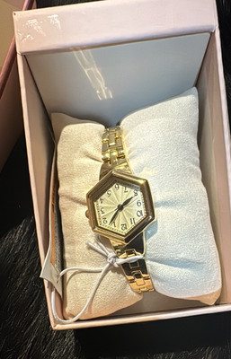 Jacques Lemans Gold Hexagon Women's Bracelet Wristwatch White Sunburst Dial Box