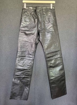 90s Wilsons Pelle Studio Black Genuine Shiny Leather Moto Pants 30x33 Rocker