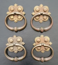 LOT OF 4 Antique BRASS Drawer Pulls - Spanish Cross Backplate, French Provincial