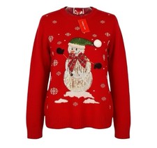 Women  s Ugly Christmas Sweater Large Snowman Sequin Red Holiday NWT Christmas