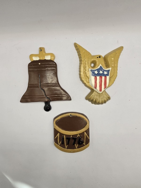 Patriotic Christmas Tree Ornament Hand Painted Ceramic Bell, Eagle, Drum
