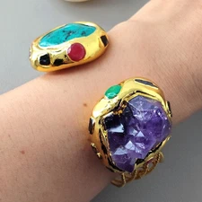 Bohemia Real Purple Amethyst Raw Druzy Green Turquoise Bangle Cuff Bracelet