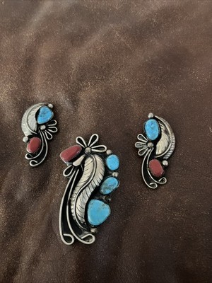 Large Vintage Native Navajo Turquoise Coral Silver Pendants Pawn Unmarked Estate