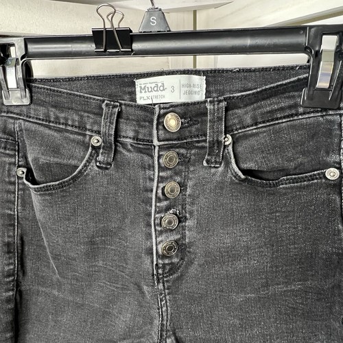 Mudd FLX Stretch High Rise Jeggings Women’s Jr Sz 3 Black Lt Distress Button Fly - Picture 3 of 8