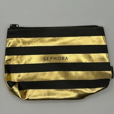 Sephora Cosmetic Bag Black Gold Stripe Makeup Travel Accessories Pouch