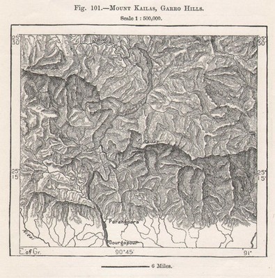 Mount Kailash, Garo Hills. Indien. Skizzenkarte 1885 alte antike Plankarte