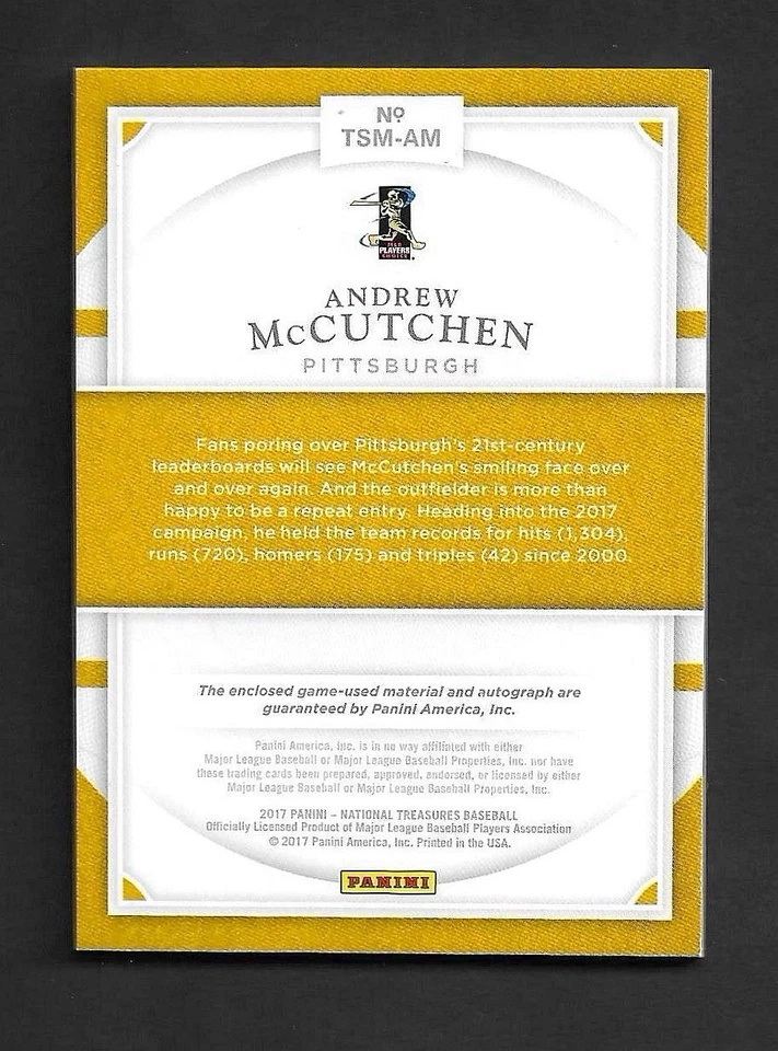 Andrew MCCUTCHEN 2017 Panini National Treasures Juego Usado Botón Automático/6 Piratas Foto 2 de 2