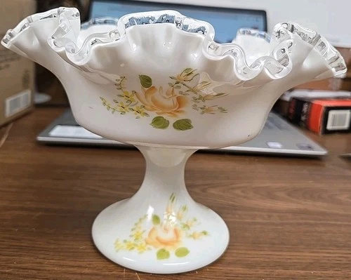 Vintage Fenton Hand-Painted Milk Glass Footed Candy Dish