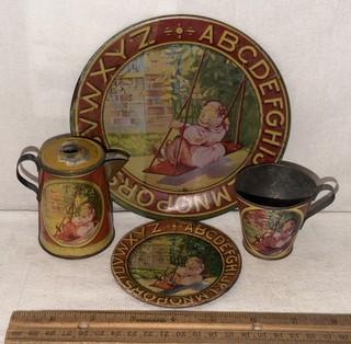 ANTIQUE 4 PIECE VINTAGE OHIO ART LITTLE GIRL SWING ABC TIN LITHO TOY TEA SET