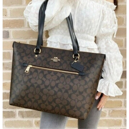 Bolso de Mano COACH NY Gallery Signature Marrón Negro Logo Top Cremallera Hombro