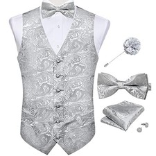 Mens Paisley Suit Waistcoat,Silk Dress Vest and Bowtie 3X-Large Silver Paisley