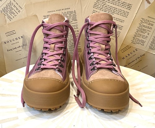 Anthropologie Maeve Hiker Boot Pink Satin Tan Suede Rubber Lace Up 40/ 9-9.5 NEW - Picture 6 of 10