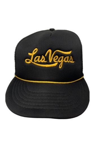 VTG Las Vegas Trucker Hat Cap Black Gold Mesh Snapback Rope Cushion Embroidered - Afbeelding 1 van 6