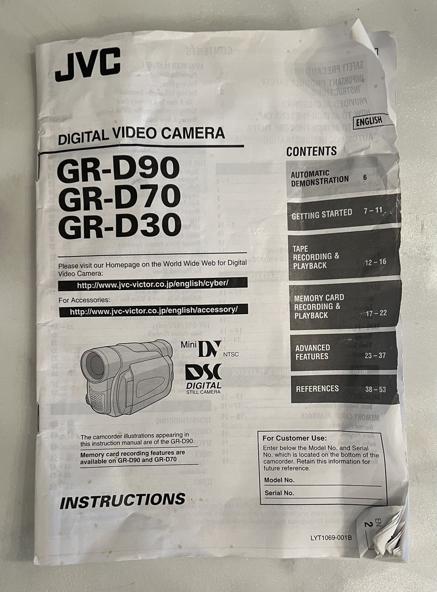 JVC GR-D90U Digital Video Camera / Camcorder *PARTS / REPAIR* E06