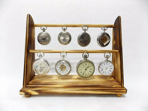 Pocket watch stand holds 8 watches rack holder desk top display fob watch wood