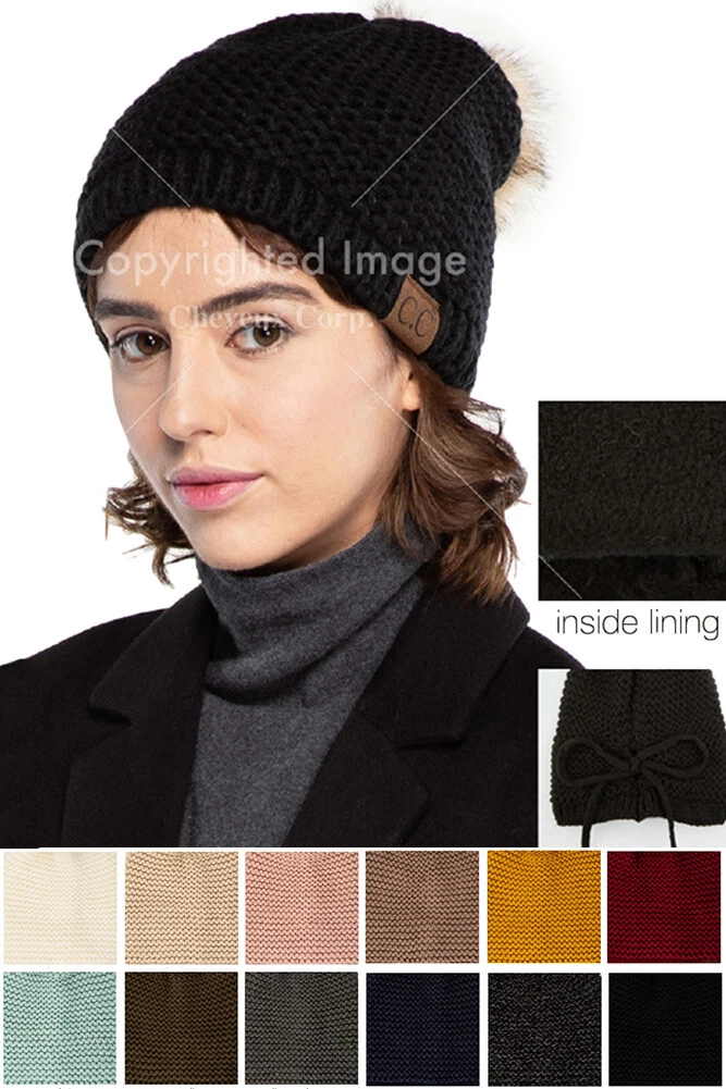C.C Women's Fleece Lined Slouchy Soft Stretch Knit Skull Beanie Hat with Pom