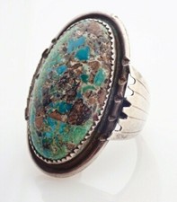 HUGE Vintage Navajo Green Blue Turquoise Handmade Sterling Silver Ring Sz 10