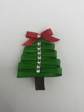 Christmas Tree W/Red Bow Hair Clip For Girls /Dark Green With Bling