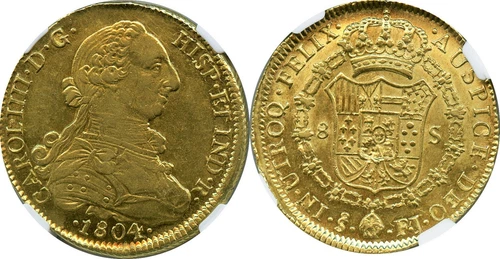 CHILE 8E 1804SO FJ Carlos IV == RARE LOW MINTAGE == NGC AU 58