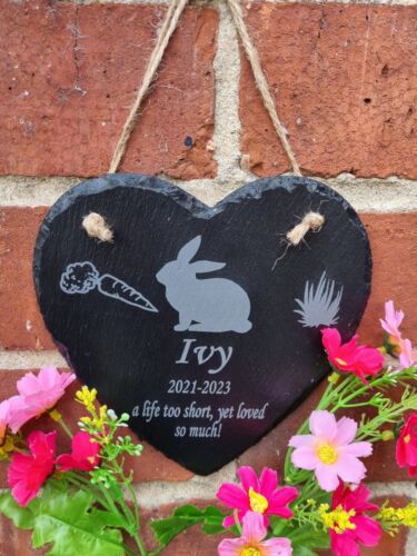 Personalised Engraved Hanging Heart Slate, Pet Memorial, Rabbit Memorial Plaque - Picture 1 of 2