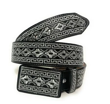CINTO CHARRO BORDADO HILO PLATEADO. MENS WESTERN BELT. VAQUERO LEATHER BELT