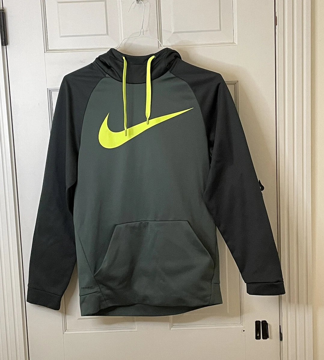 NIKE Hoodie Small Black Olive Volt Big Swoosh Print Pullover Sweatshirt Dri Fit